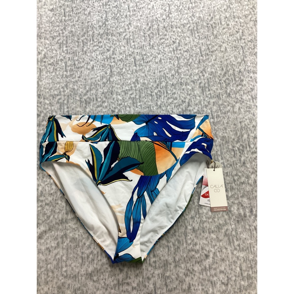 CALIA Womens XXL Wide Banded High Rise Bikini Bottom Botanical Print White NEW